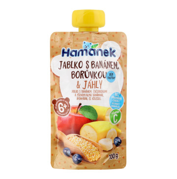 Пюре для дітей від 6міс гомогенізоване з яблук, бананів, чорниць і пшоном з вітаміном С Hamanek д/п 100г