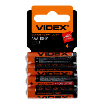 Батарейки сольові ААА 1.5V R03P Super Heavy Duty Videx 4шт