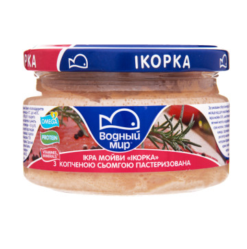 Продукт з ікрою океанічної риби та копченою сьомгою пастеризований Ікорка Водний світ с/б 160г Продукт з ікрою океанічної риби та копченою сьомгою пастеризований Ікорка Водний світ с/б 160г