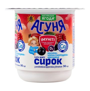 Сирок 3.9% для дітей від 8міс з наповнювачем фруктовим Малина-чорна смородина-шипшина Імуніті Агуня ст 90г