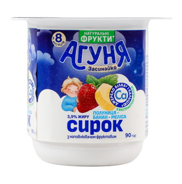 Сирок 3.9% для дітей від 8міс з наповнювачем фруктовим Полуниця-банан-меліса Агуня ст 90г Сирок 3.9% для дітей від 8міс з наповнювачем фруктовим Полуниця-банан-меліса Агуня ст 90г