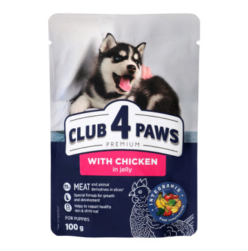 Корм консервований повнораціонний для цуценят З куркою в желе Premium Club 4 Paws д/п 100г