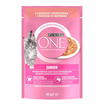 Корм консервований повнораціонний для кошенят з лососем та морквою Шматочки в соусі Junior Purina One д/п 85г