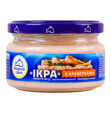 Продукт з ікрою океанічної риби та креветками пастеризований Ікра Водний світ c/б 160г Продукт з ікрою океанічної риби та креветками пастеризований Ікра Водний світ c/б 160г