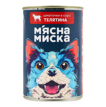 Корм консервований повнораціонний для дорослих собак Телятина Шматочки в соусі М'ясна Миска з/б 415г