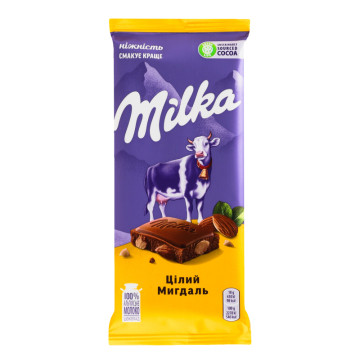 Шоколад молочний з цілим мигдалем Milka 90г