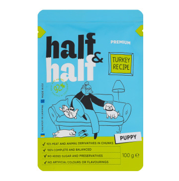 Корм вологий повнораціонний для цуценят з індичкою у соусі Turkey recipe Premium Half&Half д/п 100г