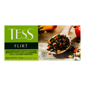 Чай зелений китайський байховий дрібний з полуницею та ароматом білого персика і полуниці Flirt Tess к/у 25х1.5г