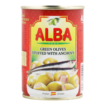 Оливки зелені фаршировані анчоусом Alba Food з/б 300мл