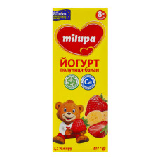 Йогурт 2.1% для дітей від 8міс з біфідобактеріями з наповнювачем Полуниця-банан Milupa т/п 207г