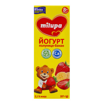 Йогурт 2.1% для дітей від 8міс з біфідобактеріями з наповнювачем Полуниця-банан Milupa т/п 207г Йогурт 2.1% для дітей від 8міс з біфідобактеріями з наповнювачем Полуниця-банан Milupa т/п 207г