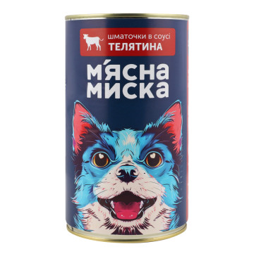 Корм консервований повнораціонний для дорослих собак Телятина Шматочки в соусі М'ясна Миска з/б 1.24кг