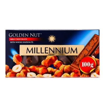 Шоколад молочний з цілими лісовими горіхами Golden Nut Millennium к/у 100г
