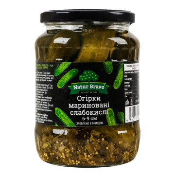 Огірки мариновані слабокислі стерилізовані 6-9см Преміум Natur Bravo в/ґ c/б 670г