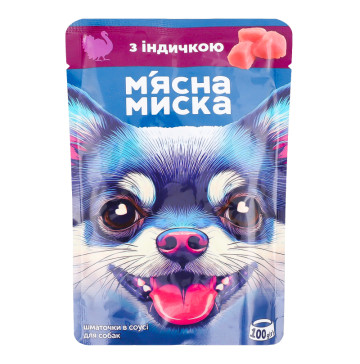 Корм консервований повнораціонний для дорослих котів Шматочки в соусі з індичкою М'ясна Миска д/п 100г