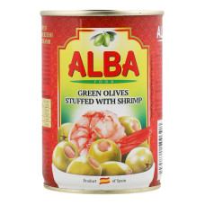 Оливки зелені фаршировані креветками Alba Food з/б 300мл