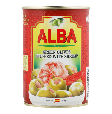 Оливки зелені фаршировані креветками Alba Food з/б 300мл