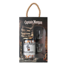 Набір Напій алкогольний 1л 40% на основі карибського рому Black Spiced + 2 чарки Captain Morgan 3шт Набір Напій алкогольний 1л 40% на основі карибського рому Black Spiced + 2 чарки Captain Morgan 3шт