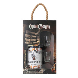 Набір Напій алкогольний 1л 40% на основі карибського рому Black Spiced + 2 чарки Captain Morgan 3шт
