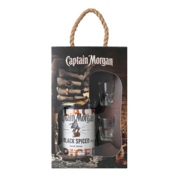 Набір Напій алкогольний 1л 40% на основі карибського рому Black Spiced + 2 чарки Captain Morgan 3шт