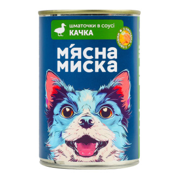 Корм консервований повнораціонний для дорослих собак Шматочки в соусі з качкою та овочами М'ясна Миска з/б 415г