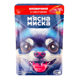 Корм консервований повнораціонний для дорослих собак Шматочки в соусі з яловичиною та овочами М'ясна Миска д/п 100г
