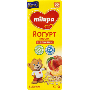 Йогурт 2.1% для дітей від 8міс зі злаками Персик Milupa т/п 207г