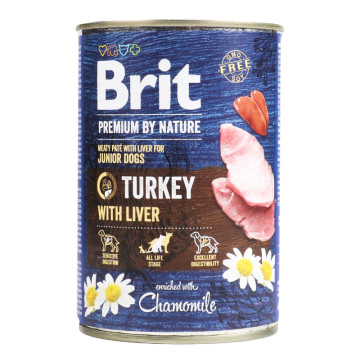 Корм консервований комплексний для молодих собак усіх порід Turkey with liver Premium by Nature Brit з/б 400г