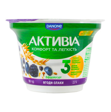 Біфідойогурт 2.2% з біфідобактеріями Actiregularis з наповнювачем Ягоди-злаки Активіа ст 180г Біфідойогурт 2.2% з біфідобактеріями Actiregularis з наповнювачем Ягоди-злаки Активіа ст 180г