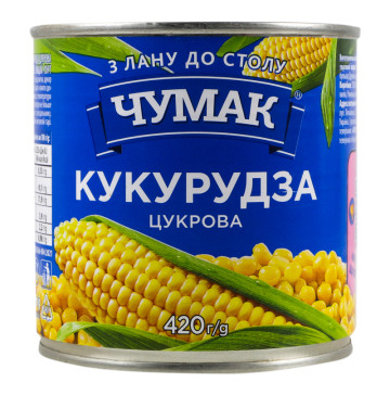 Кукурудза цукрова з цілих зерен консервована Чумак в/с з/б 420г
