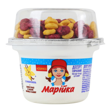 Десерт сирковий 5% Ваніль 140г + злакові кільця зі смаками полуниці та банану 15г Марійка ст 155г