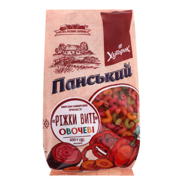 Вироби макаронні трубчасті овочеві Ріжки виті Хуторок Панський м/у 400г Вироби макаронні трубчасті овочеві Ріжки виті Хуторок Панський м/у 400г