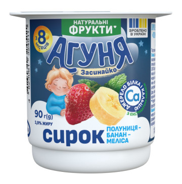 Сирок 3.9% для дітей від 8міс з наповнювачем фруктовим Полуниця-банан-меліса Агуня ст 90г
