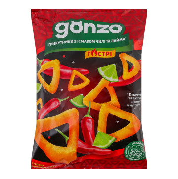 Трикутники кукурудзяні гострі зі смаком чилі та лайма Gonzo м/у 40г Трикутники кукурудзяні гострі зі смаком чилі та лайма Gonzo м/у 40г