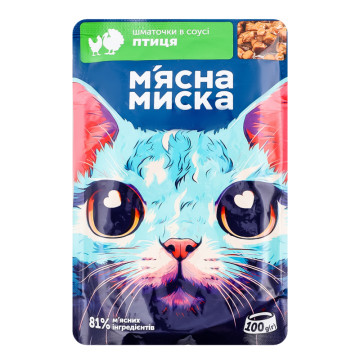 Корм консервований повнораціонний для дорослих котів Шматочки в соусі з птицею М'ясна Миска д/п 100г