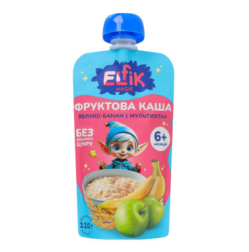 Каша фруктова для дітей від 6міс гомогенізована стерилізована Яблуко-банан-мультизлак Elfik Magic д/п 110г
