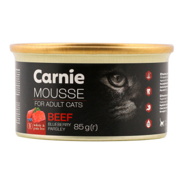 Корм д/дорослих котів Мус з яловичиною чорницею петрушкою та желе 85г ж/б Carnie