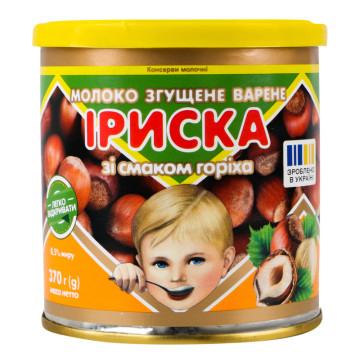 Молоко згущене 8.5% варене зі смаком горіха Іриска ТОВ Первомайський молочноконсервний комбінат з/б 370г