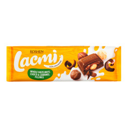 Шокол Lacmi молочн ціл лісов горіх шокол карам нач 295г/ 12 шт